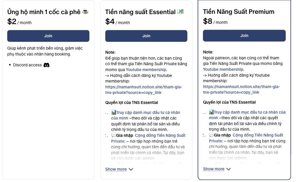 Ba gói membership trên Patreon của namanhsuit